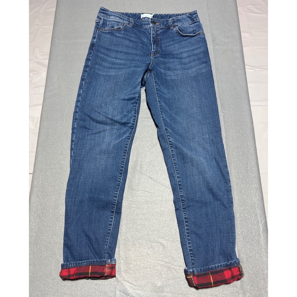 LL Bean Signature Modern Straight Leg Flannel Lined Jeans Blue Plaid Cuff 6 - Picture 13 of 14